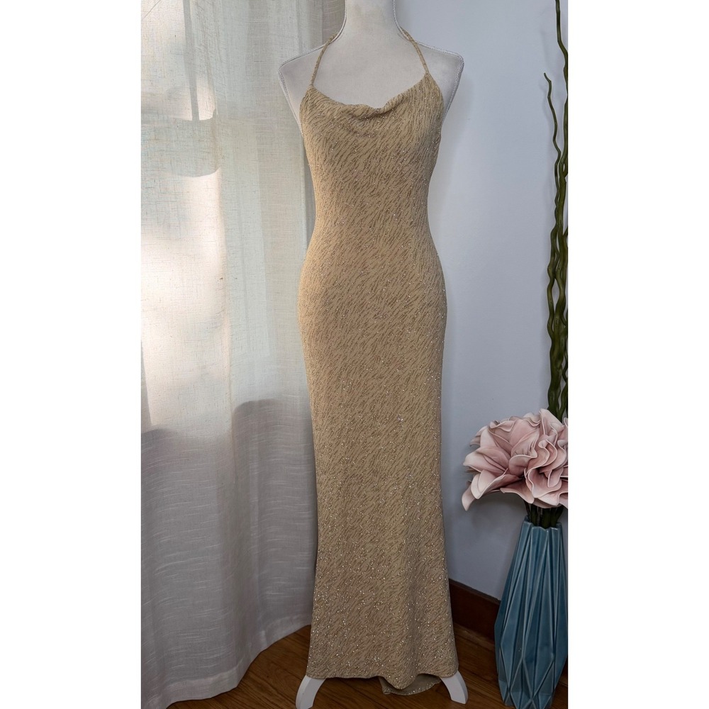 Y2K Vintage Jump Gown Cowl Neck Open Back Halter Gold Glitter Dress 11/12 - Picture 2 of 11